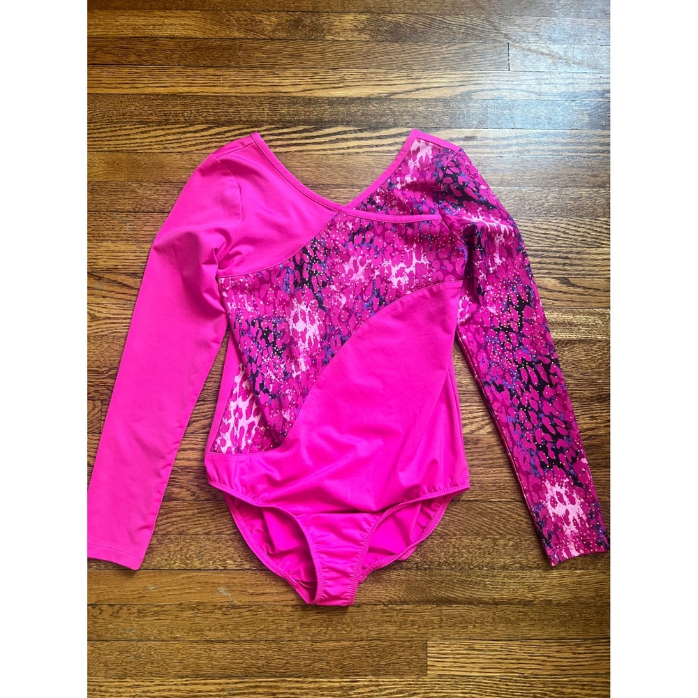 Danskin Now Girls Pink Leopard Print Long Sleeve Gymnastics Leotard L 10-